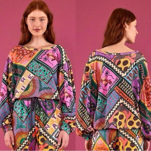 NEW FARM Rio Dotted Patch Scarf Sweatshirt Puff Sleeves Tropical Colorful Size M - Picture 5 of 15